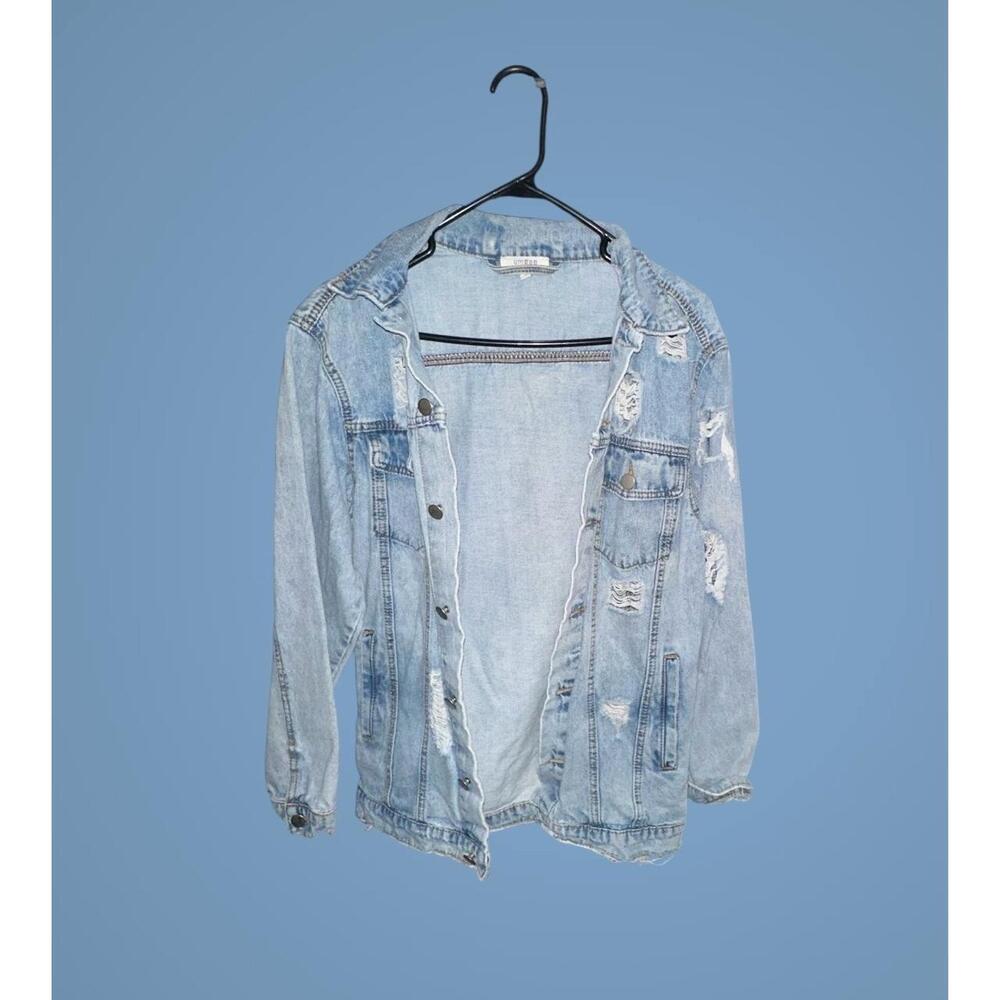 Umgee Distressed Oversized Light Wash Denim Jacket size Small
